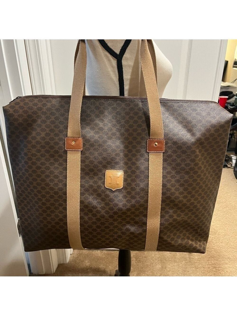 CELINE BROWN MACADAM COATED CANVAS JUMBO ZIPPERED TOTE - Picture 13 of 16